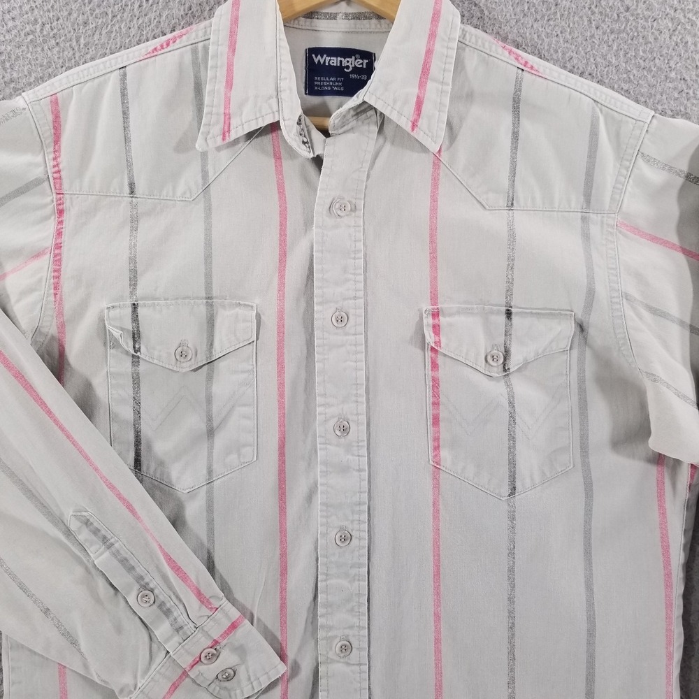 Vtg Wrangler Brushpopper Shirt 15.5 Grey Pink Pinstripe Western Rodeo Cowboy 90s